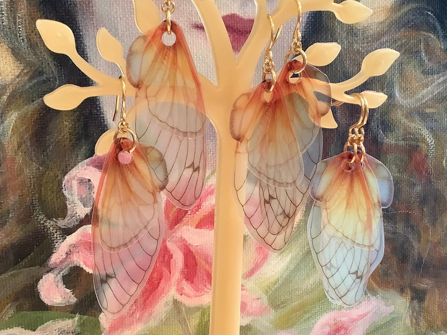 Grown up fairy wing earrings, for the serious fairy, Cicada wing earrings, gold plated steel hooks, semi transparent realistic, fantasy, USA