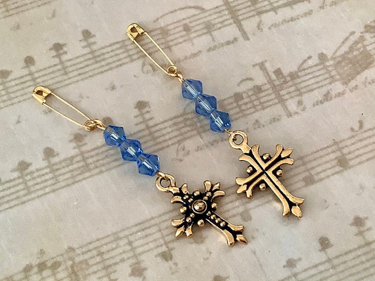 Something Blue Bouquet Charm, Blue Crystal Wedding Bouquet Charm, Something Blue for Bride, Cross on Brass Pin, Cross Charm, Antique Gold