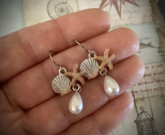 Seashell and Starfish Pearl Earrings, Seashells by the Seashore Earrings, Nautical Earrings, Beachwear, Summertime Jewelry, Summer Mood