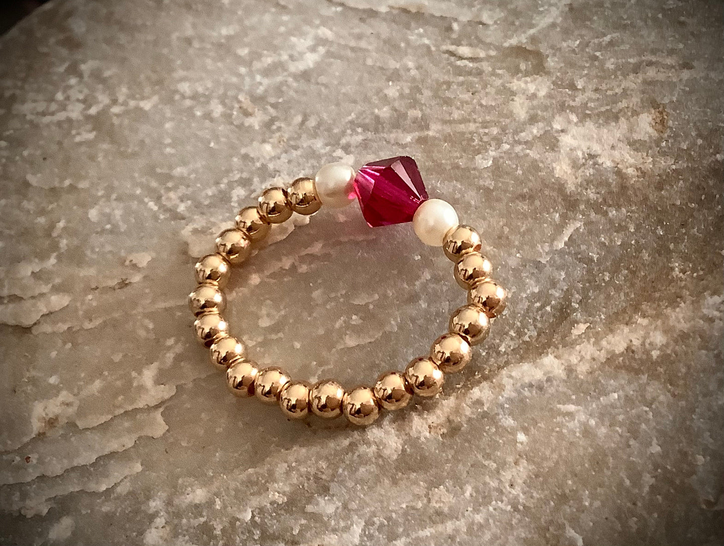 Stretch ring, gold filled beaded ring, Ruby crystal with tiny glass seed pearls, stackable ring, Valentine’s Day gift for her, dainty