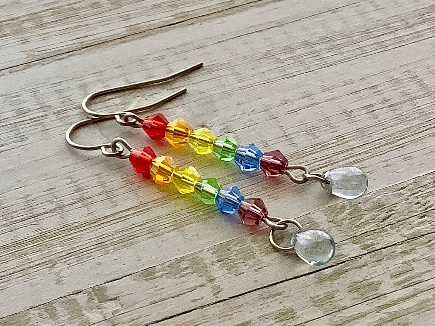 No rain no rainbows earrings, rainbow crystal earrings with raindrops, inspirational joyful jewelry, mantra, rainy day earrings, Fall mood