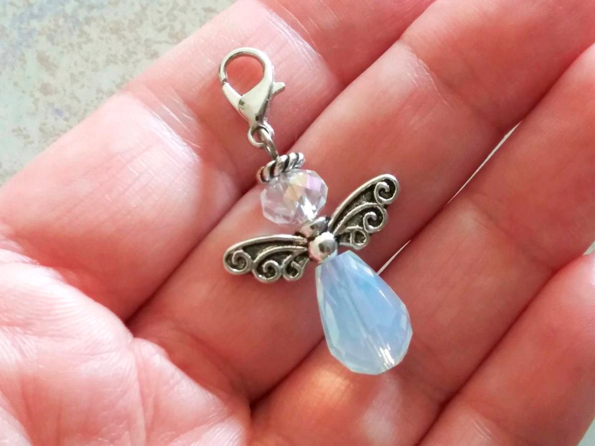 Guardian Angel Charm with Lobster Clasp White Opal Czech Glass Crystal and Tibetan Silver Beads, October Birthstone Angel Gift Stitch Keeper