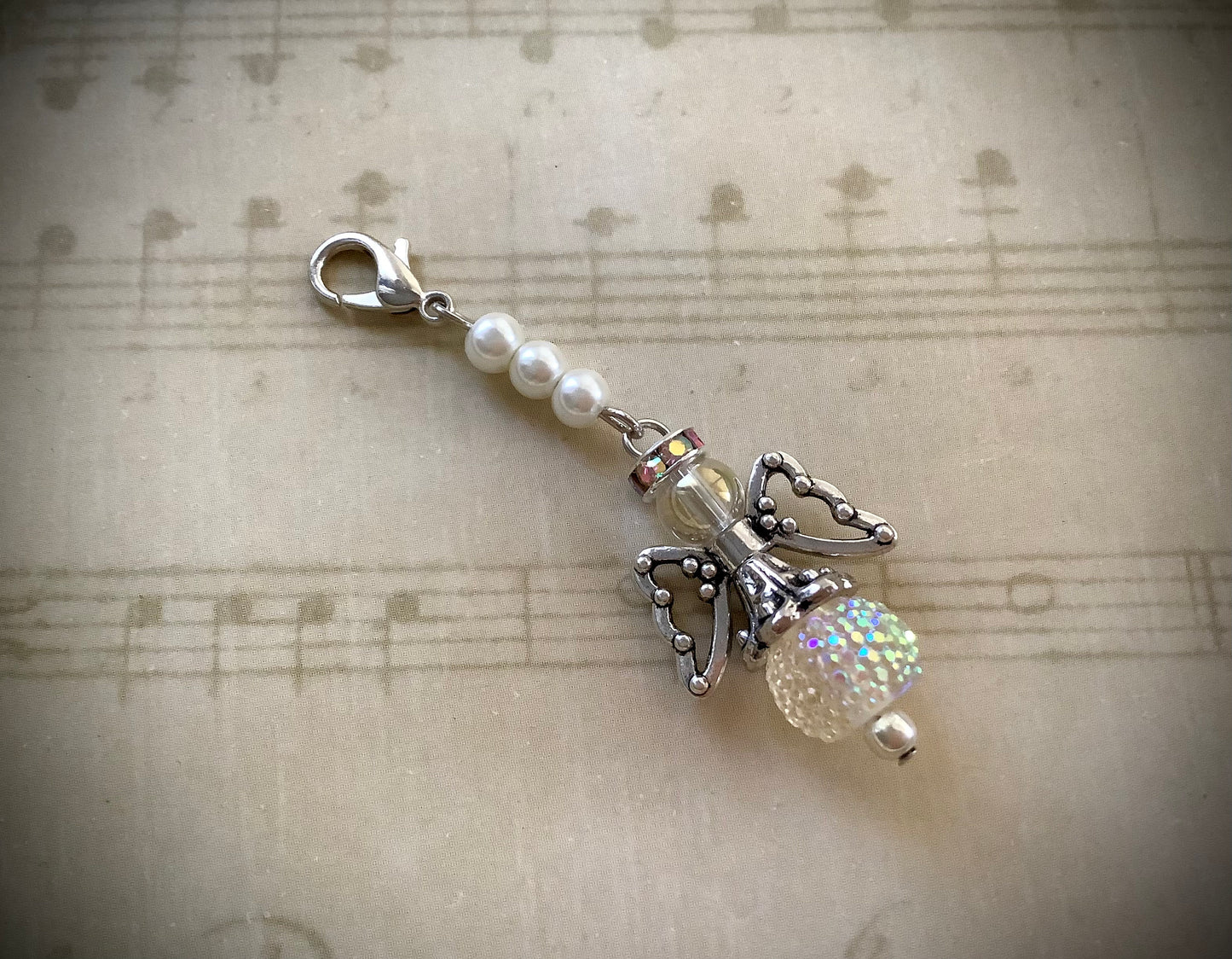 Sparkling Glass Guardian Angel Charm Dangle w/Card Tiny Clip on Clasp Charm, For Planners, Purses, Mom, Grandma, Sweet 16, Wedding Bridal