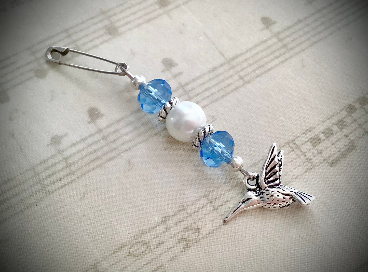 Something Blue Hummingbird Charm Pin for Bridal Bouquet, Pearl and Crystal Beads