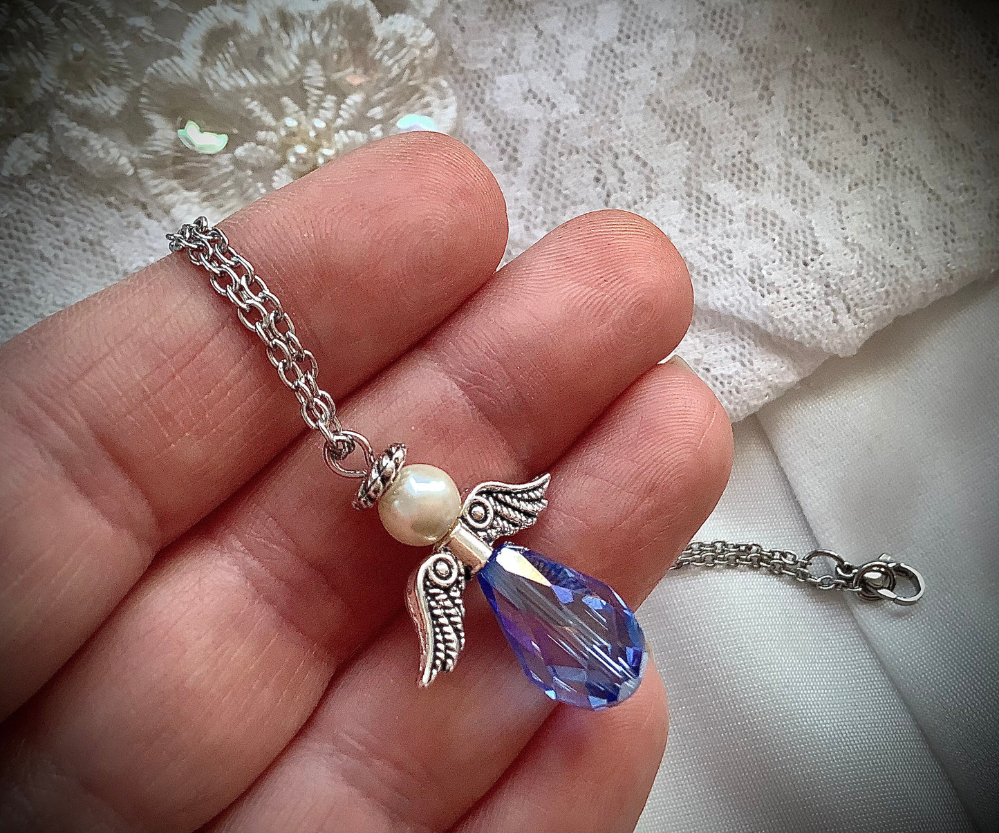 Angel for the bride necklace, blue bridal necklace, blue crystal necklace, blue pendant, crystal necklace, angel charm necklace, glass pearl