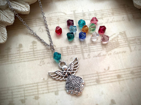 Birthstone Necklace, Guardian Angel Birth Month Pendant Necklace, Mother’s Necklace, Memory Angel Necklace, Angel Necklace, Crystal Necklace