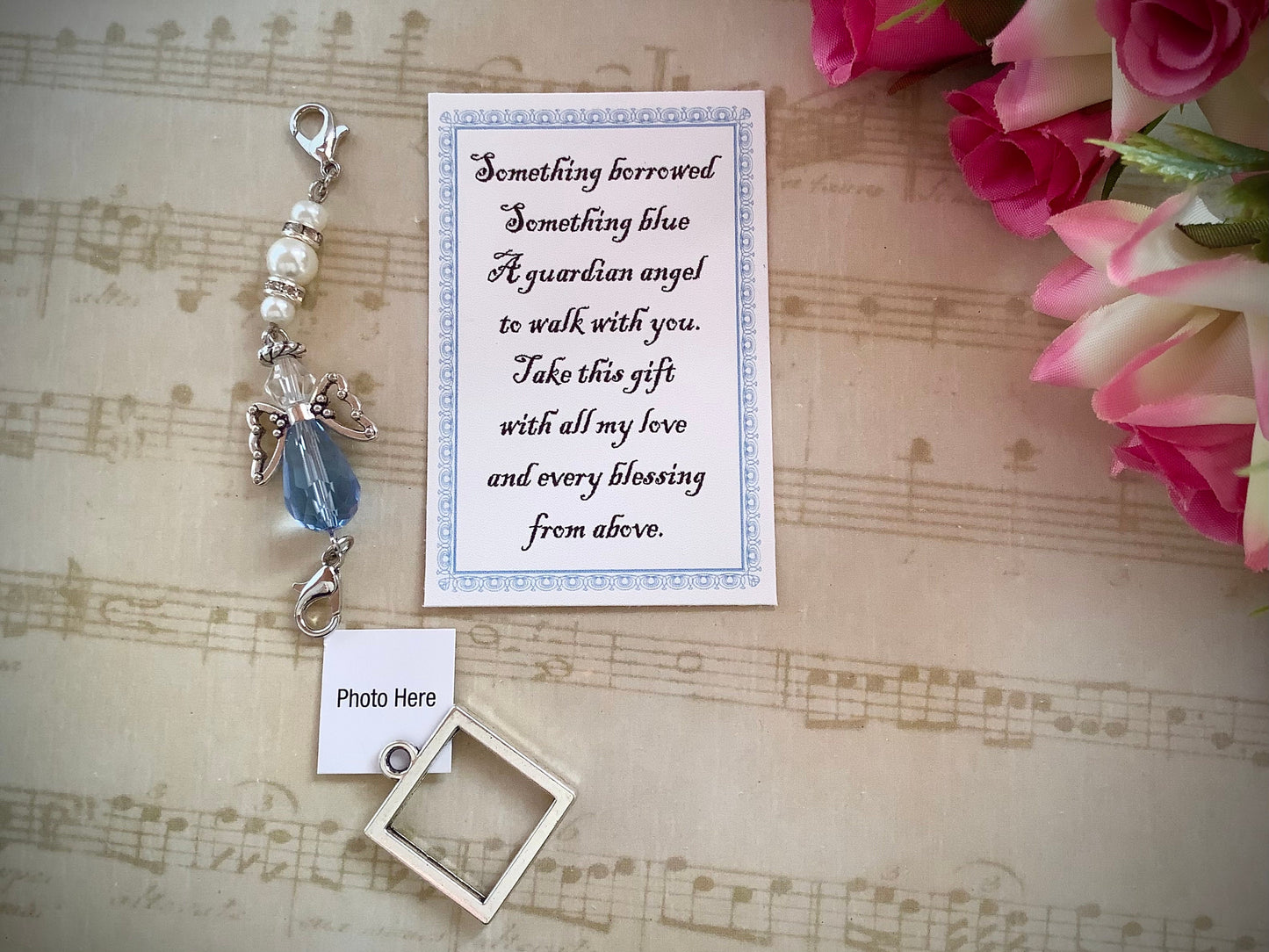 Wedding Bouquet Photo Charm, Something Blue Wedding Bouquet Angel w/Card Wedding Dress Angel, Guardian Angel Bridal Shower Gift, Bride Gift