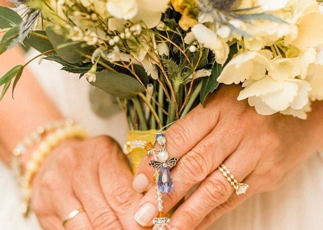 Memorial Keepsake for Bride Blue Bouquet Angel, Something Blue Glass Bouquet Angel w/Card Wedding Angel, Guardian Angel, Angel for bride