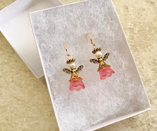 So pretty flower  girl earrings, flower fairy, angel earrings, pink earrings, antique, gold plated steel hooks, angel earrings, women, girls