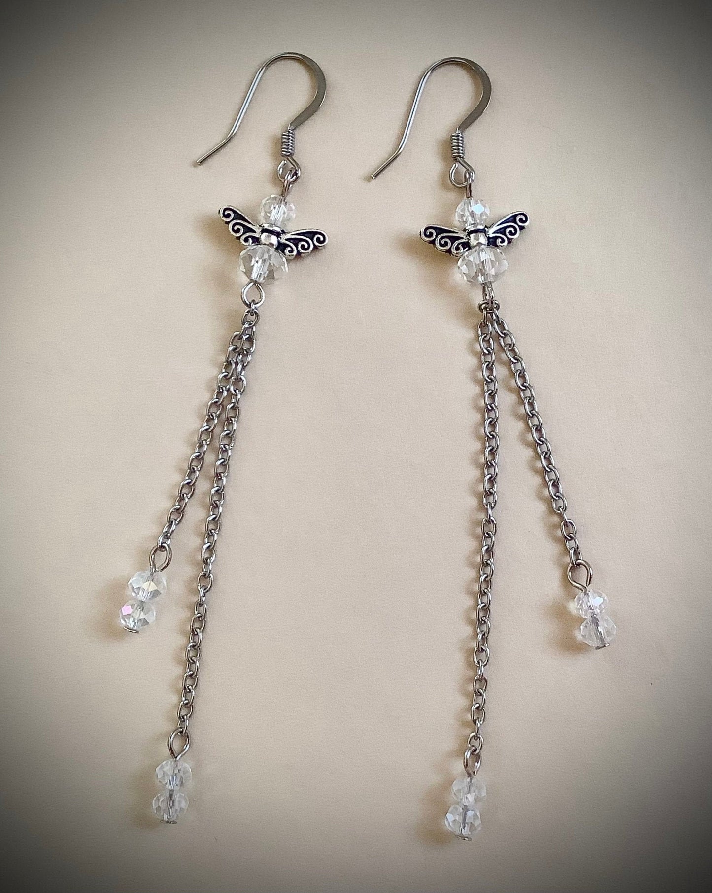 Angel earrings, Fairy earrings, long dangle chain earrings, angel wing earrings, crystal dangle earrings, long earrings, fantasy, magical