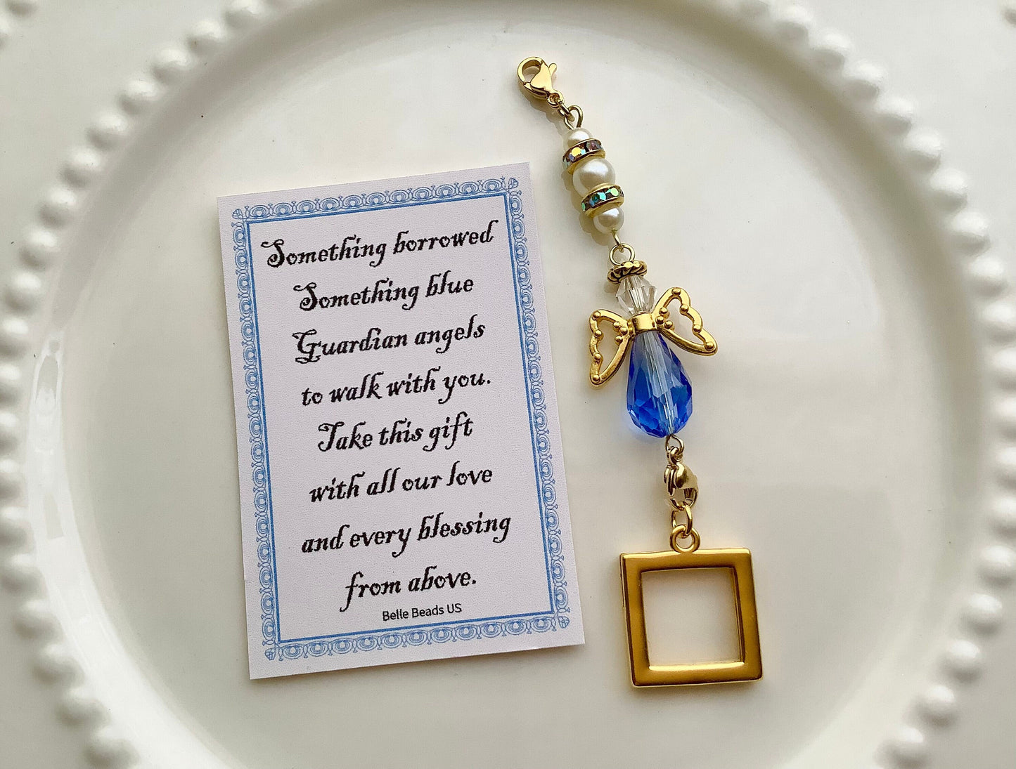 Wedding Bouquet Photo Charm, Something Blue Daughter Gift, Angel w/Card Wedding Dress Angel, Guardian Angel Bridal Shower Gift, Bride Gift