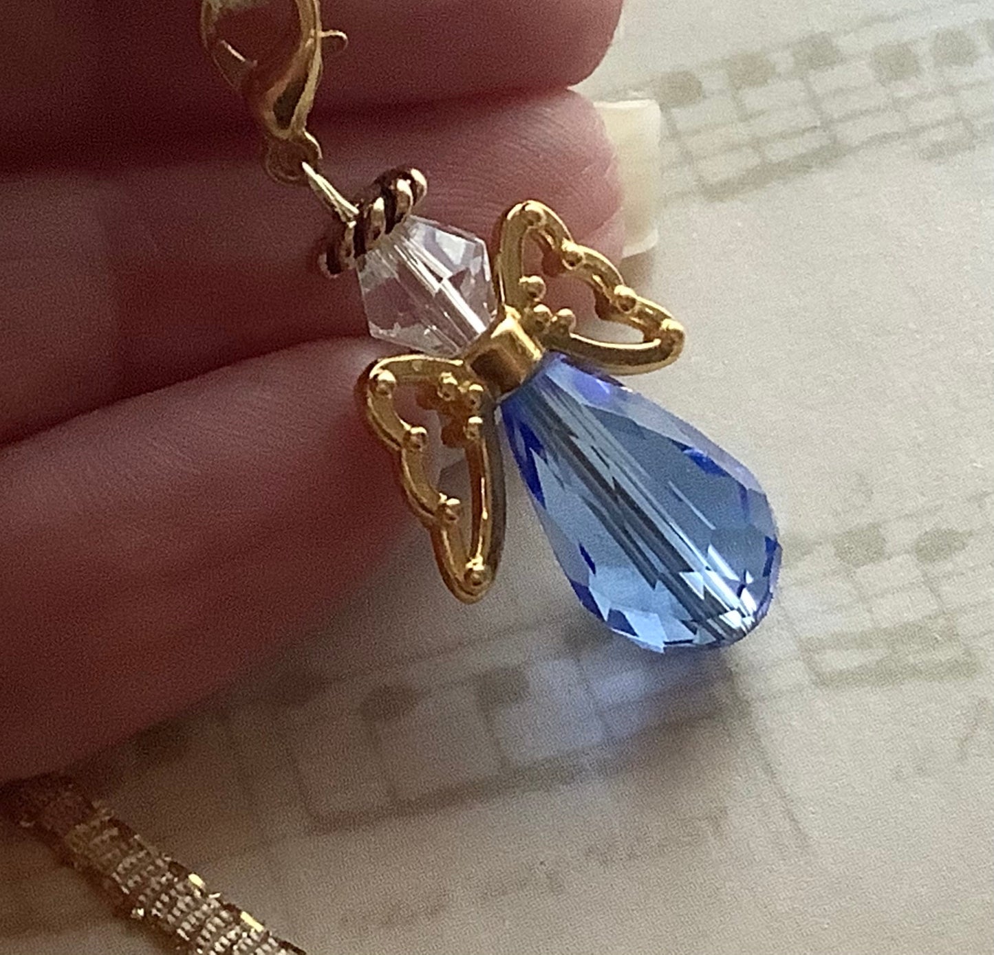 Blue and Gold Glass Crystal Wedding Bouquet Angel w/Card Wedding Dress Angel, Guardian Angel Bridal Shower Gift, Blue with Gold Angel Charm