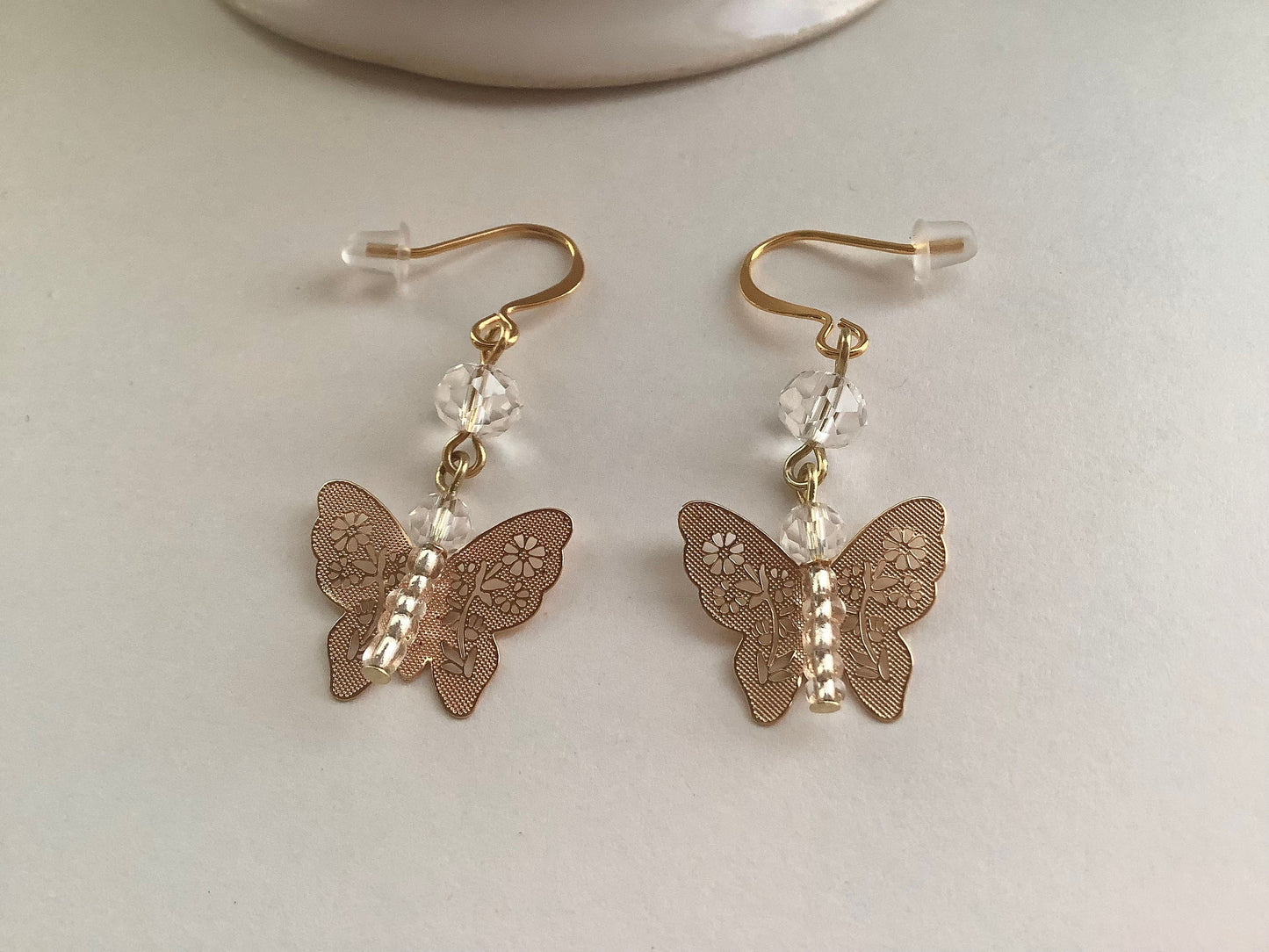 Delicate and dainty butterfly earrings, filigree lace look soft gold-tone butterflies, spring accessories, lightweight hypoallergenic