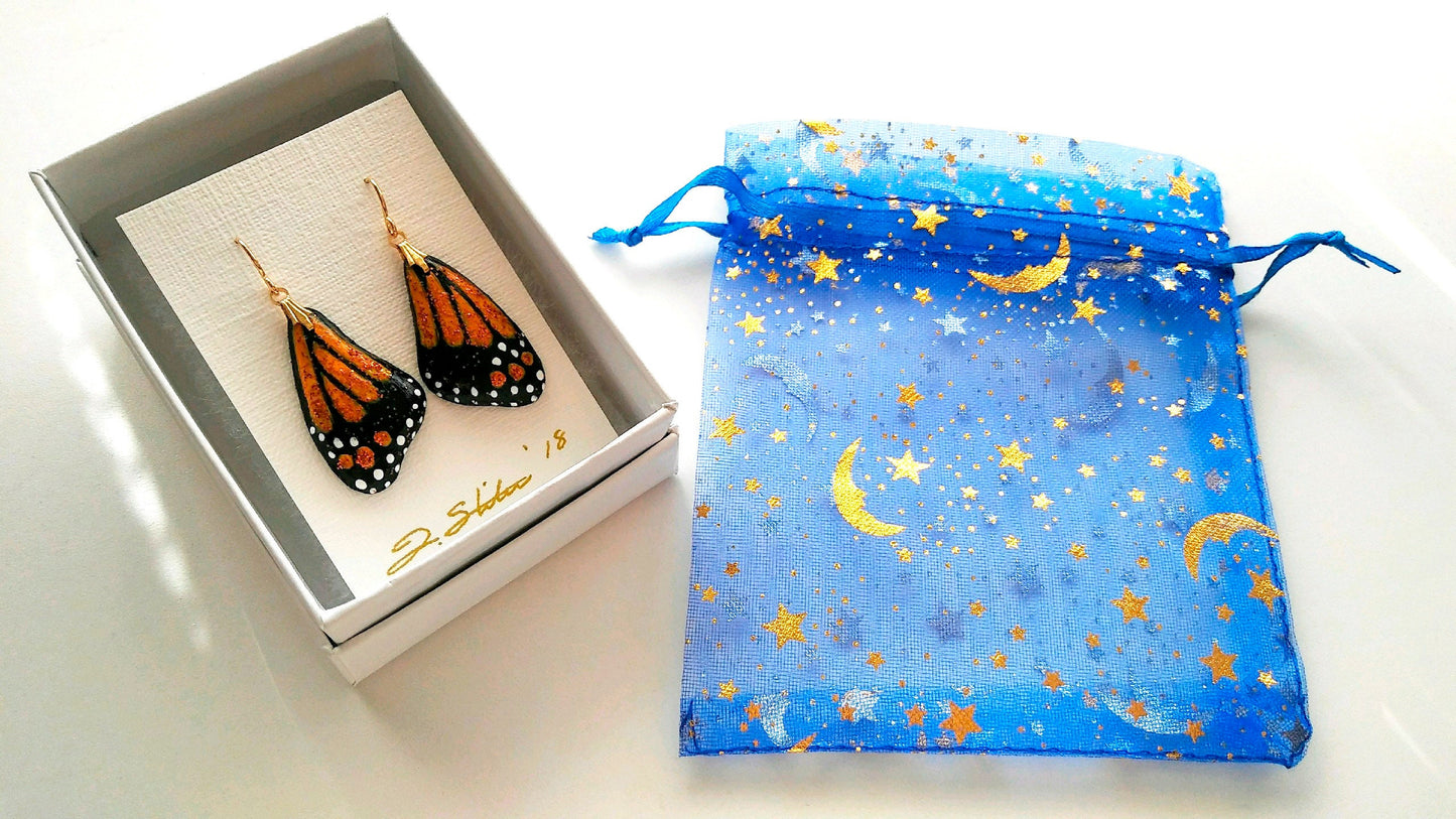 Monarch Earrings Butterfly Wing Earrings Hand Painted Polymer Earrings Butterfly Wing Jewelry Gold Plated Steel Wires Gift Boxed with Card