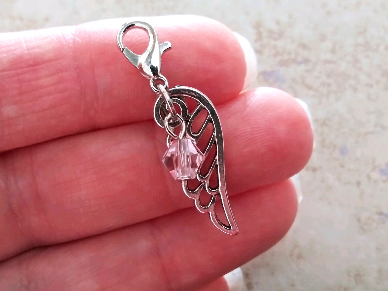 OCTOBER Birthstone Angel Wing Charm with Clip on Lobster Clasp for Bracelet-Tibetan Silver Wing with Pink Glass Bi-cone Crystal-Baby Showers