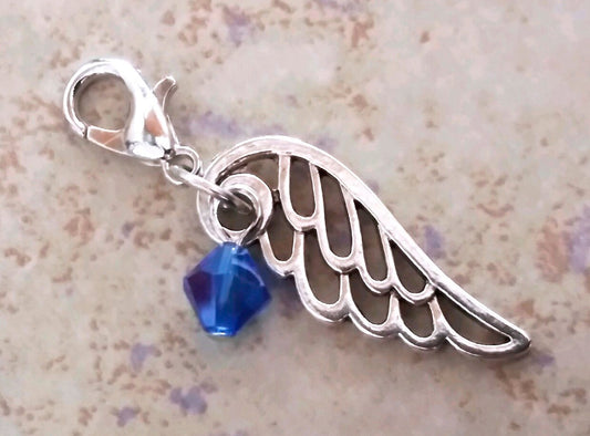 SEPTEMBER Birthstone Angel Wing Charm with Clip on Lobster Clasp for Bracelet-Tibetan Silver Wing Sapphire colored Crystal, Memory Gift, Boy