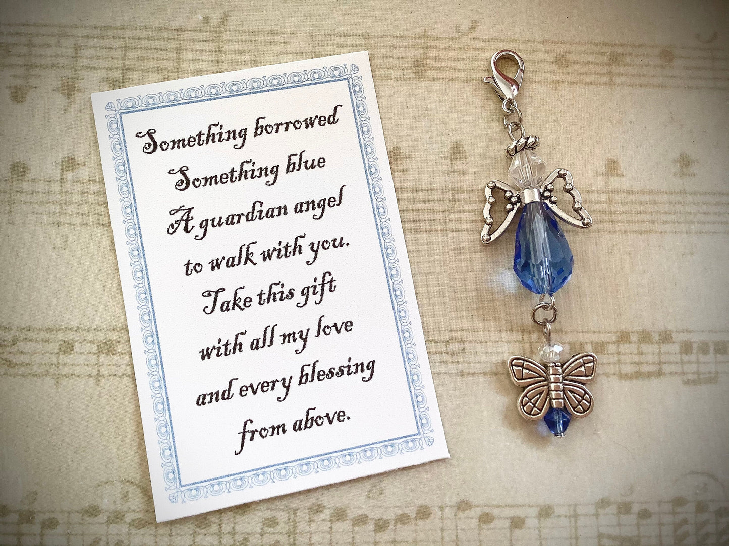 Something Borrowed Something Blue Glass Wedding Bouquet Angel Wedding Dress Angel, Butterfly Charm, Guardian Angel Bridal Shower Gift,