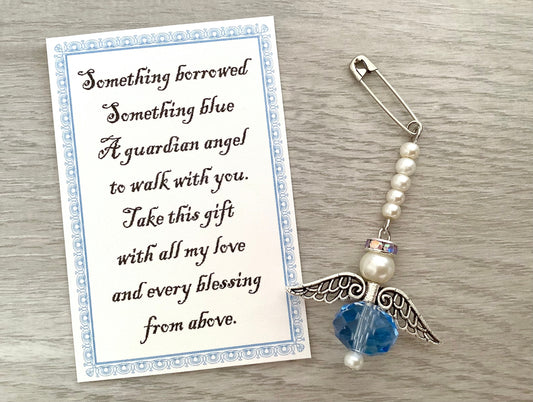 Something Blue Angel for the Bride’s Bouquet Charm, Wedding, Bridal, Blue angel for bouquet, Wedding Dress Angel, Glass Pearls, Angel pin