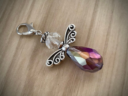 Guardian Angel Charm with Lobster Clasp White Opal Or Purple Crystal and Tibetan Silver Beads, October Birthstone Angel Gift Stitch Keeper