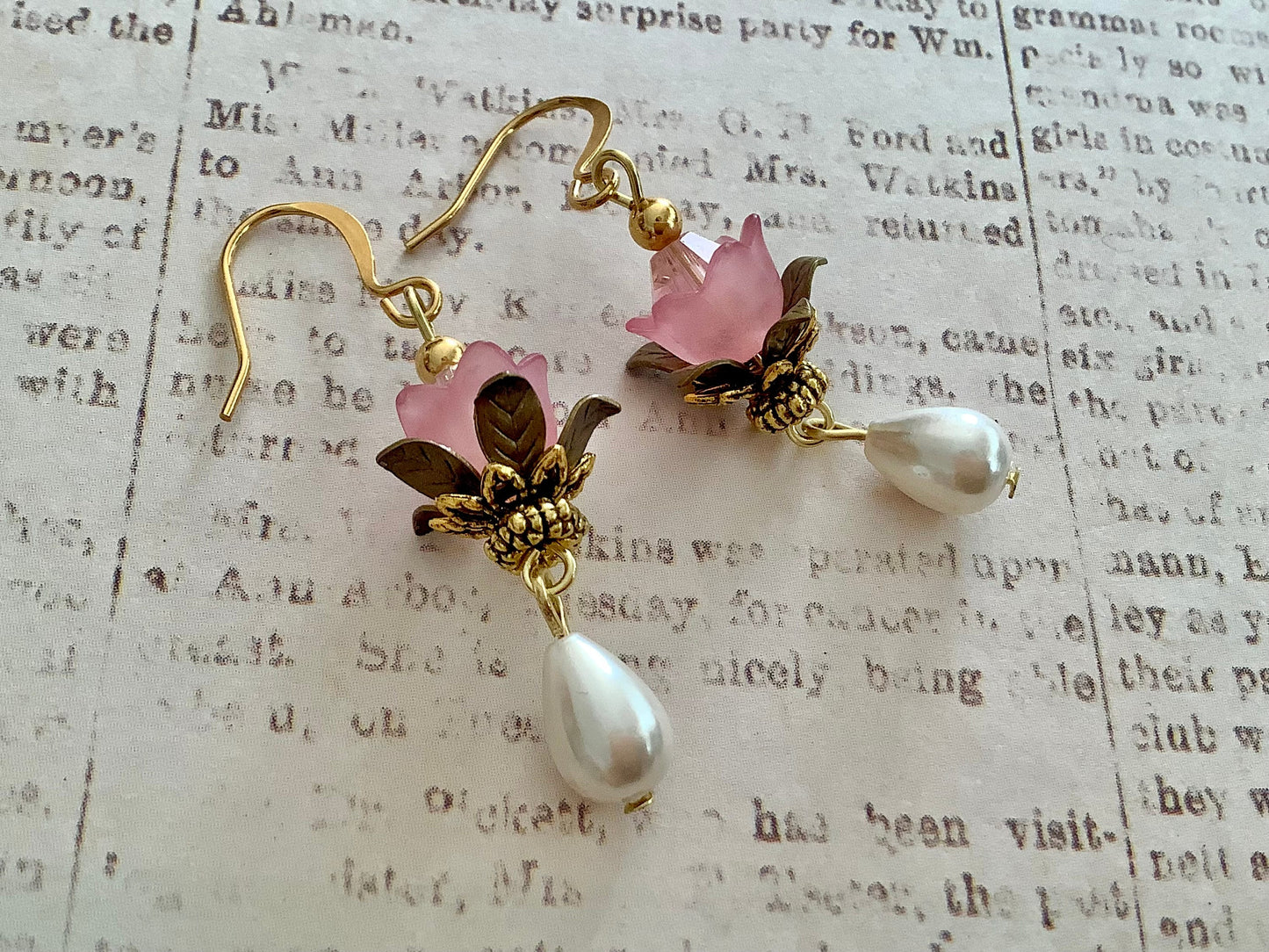 Flowered Earrings / Dangle Rose Earrings/Vintage Earrings/Renaissance Earrings/Lotus flower earrings/gift for her/pearls