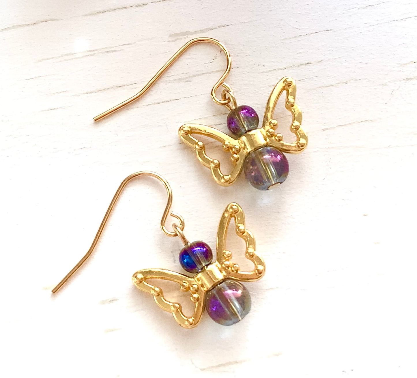 Butterfly earrings - Angel earrings - Butterfly Angel - Mystic Purple and Gold - for Girls, Teens, and Women, Glass Beads, GP Steel Hooks