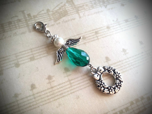 Holiday Angel Charm - Merry Christmas Charm - Bouquet Charm - Merry Christmas From Heaven - Angel with Wreath Charm - Green Crystal Angel