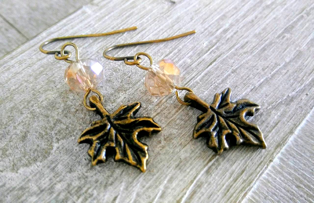 Maple leaf earrings, Sugar Maple earrings, Antique brass earrings, vintage style earrings w/multifaceted glass beads, Fall earrings leaves