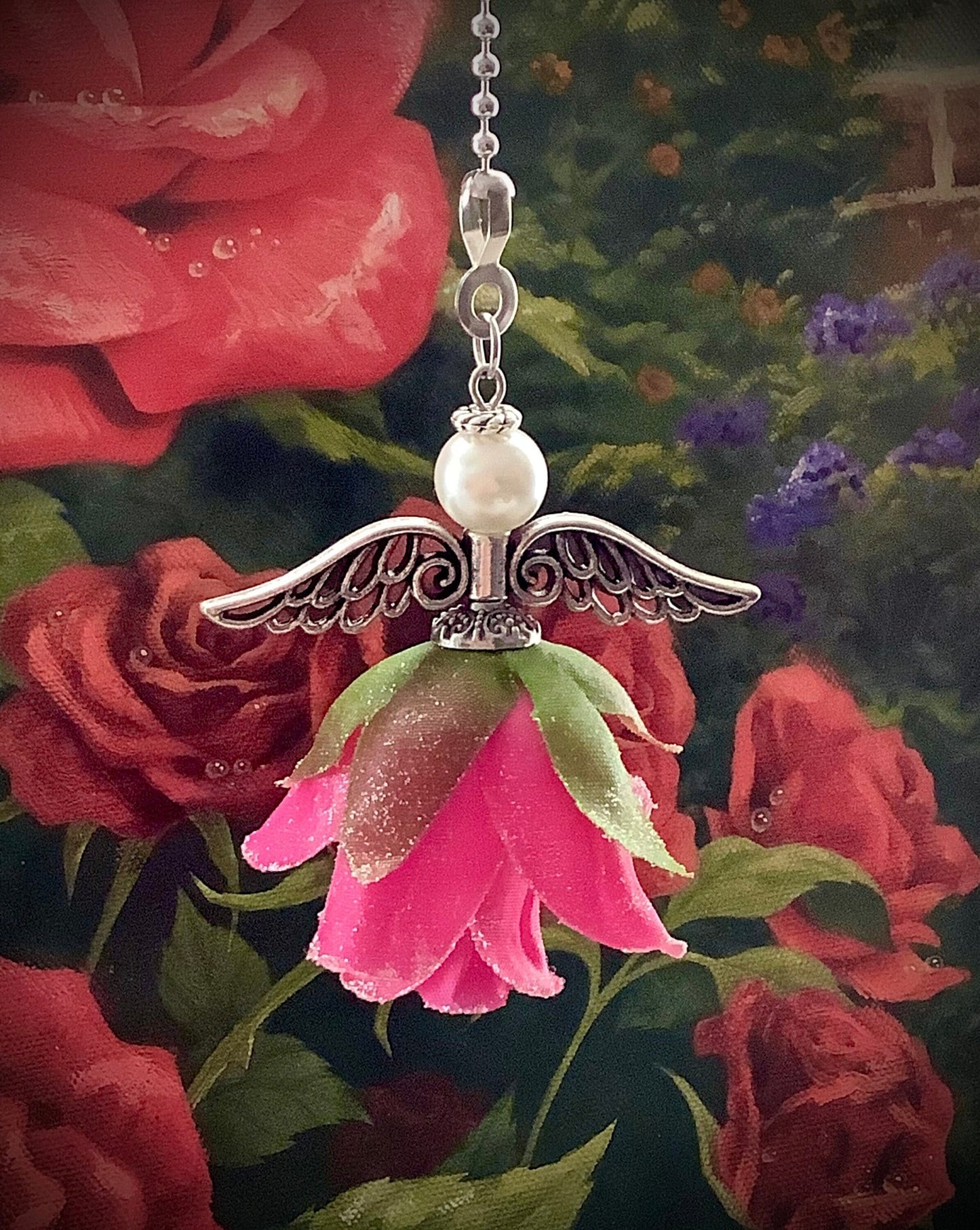 Ceiling Fan Pull Chain with Decorative Guardian Angel Flower Angel Magical Rose Fairy Cord Mounted Ceiling Fans and Light Fixtures (Silver)