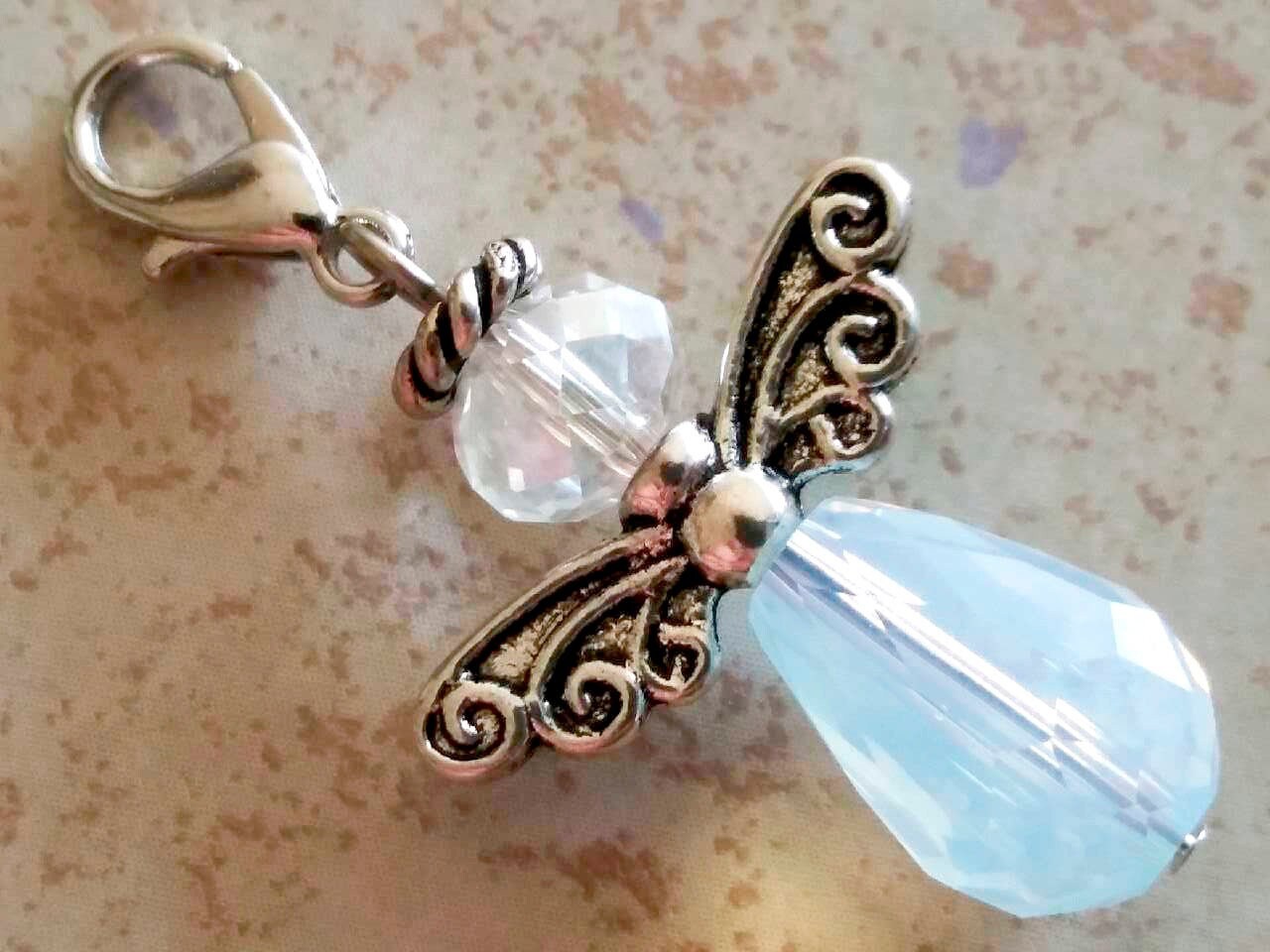 Guardian Angel Charm with Lobster Clasp White Opal Or Purple Crystal and Tibetan Silver Beads, October Birthstone Angel Gift Stitch Keeper