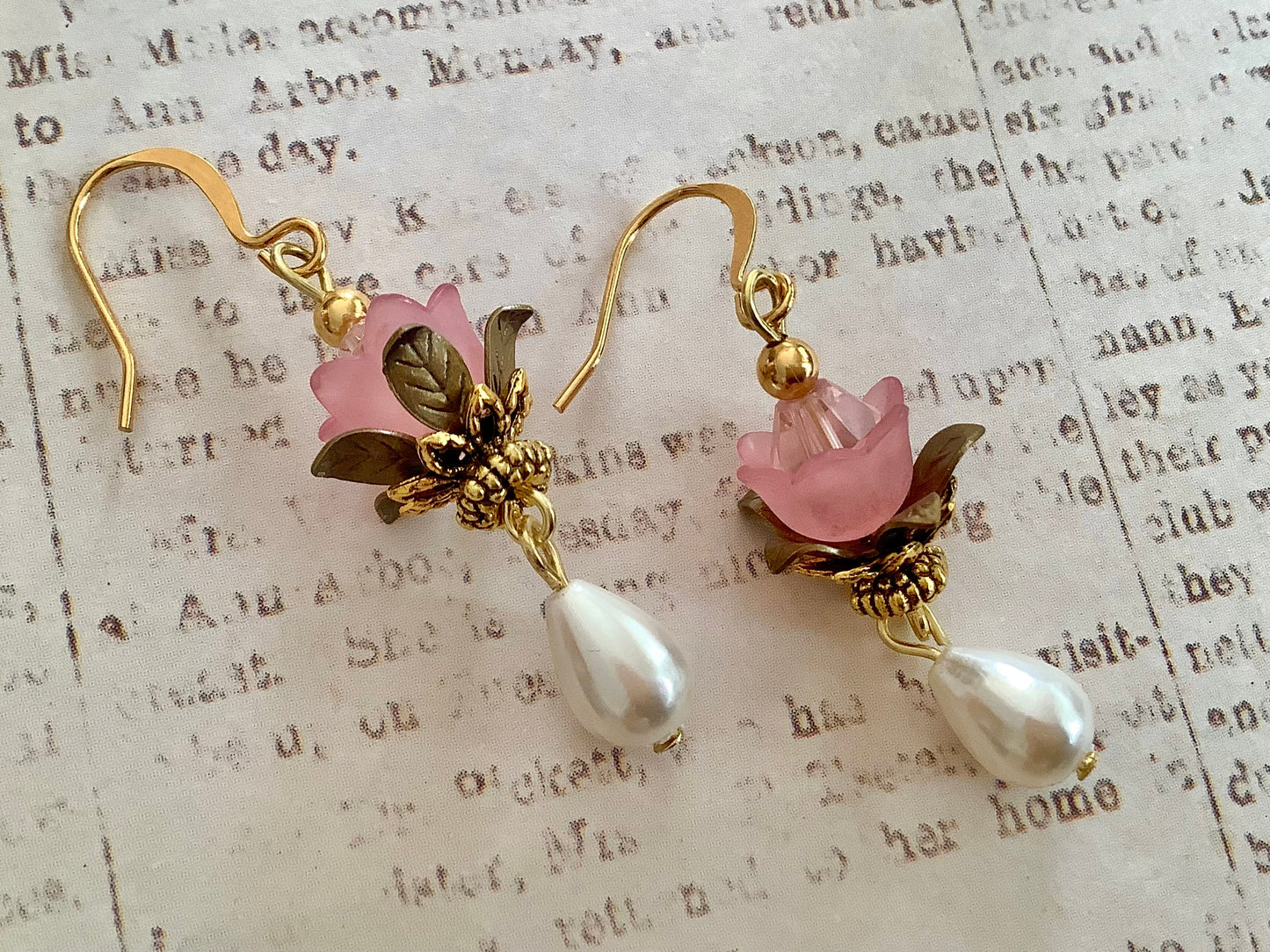 Flowered Earrings / Dangle Rose Earrings/Vintage Earrings/Renaissance Earrings/Lotus flower earrings/gift for her/pearls