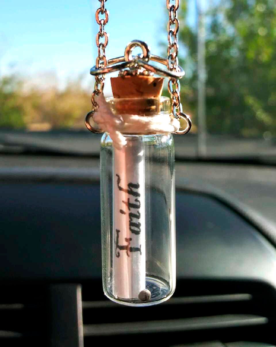 Message in a Bottle -Matthew 17:20-Mustard Seed Faith Car Charm-Christian Gifts- Personalized Message in a Bottle -Rear View Mirror Ornament