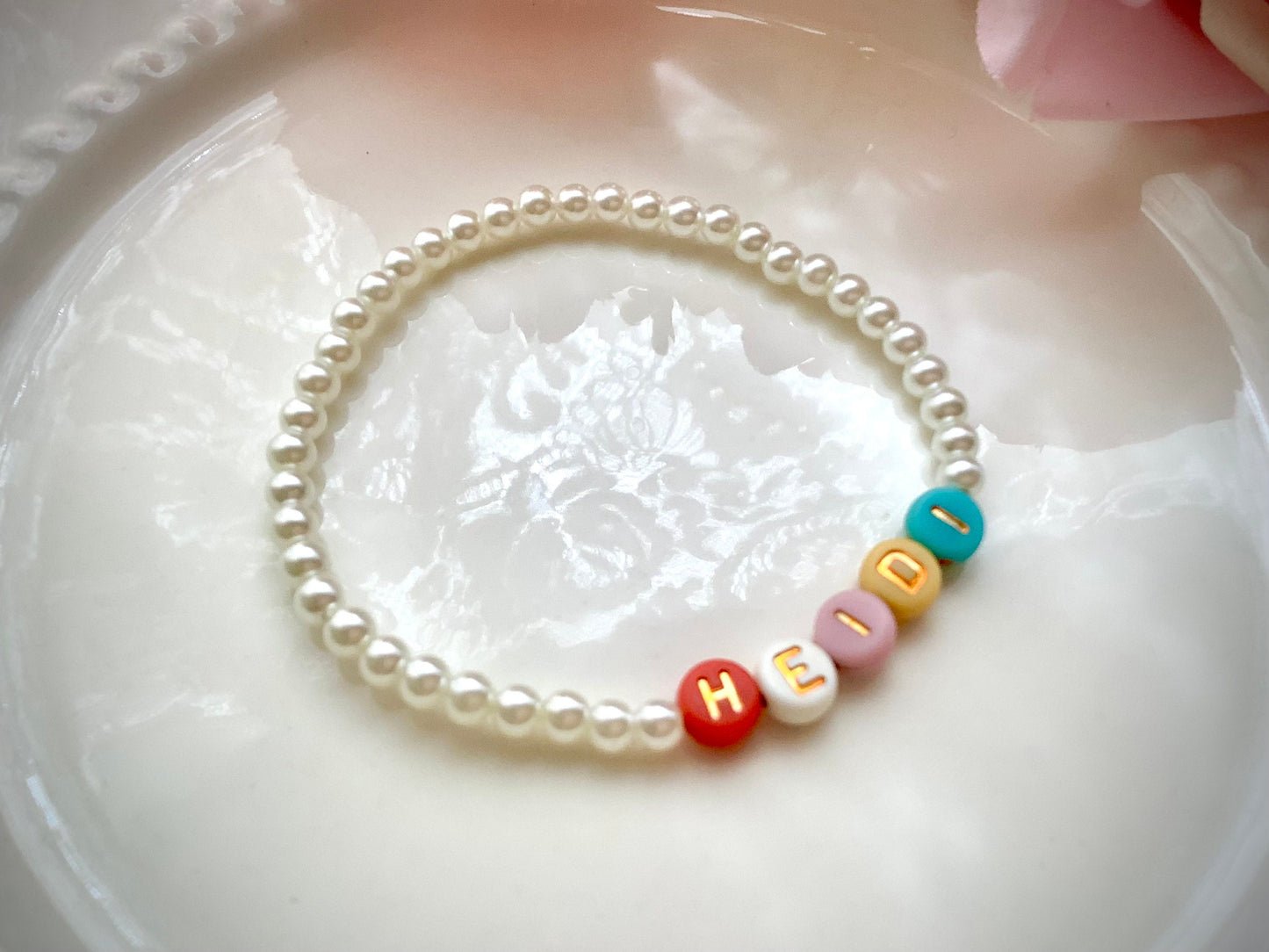 Name bracelet, personalized letters, glass pearl bracelet with, colorful letter beads, stretch bracelet, word bracelet, gift for her