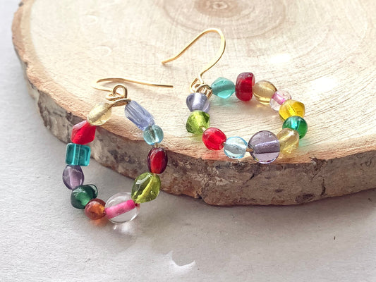 Colorful Beaded hoops, Medium hoop earrings, gold hoops, statement earrings, glass bead hoops, colorful earrings, gift for friend