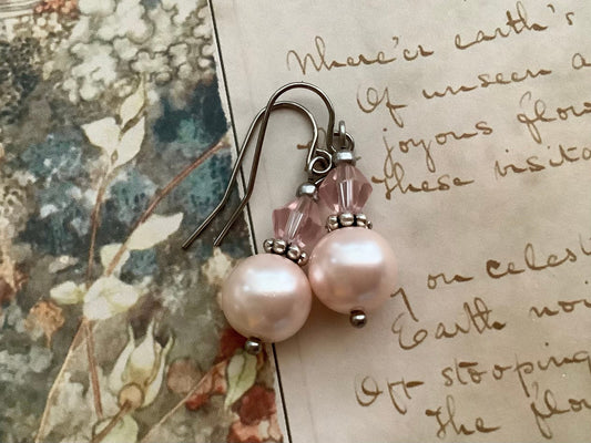 Pale Pink Blush Glass Pearl Earrings with Pink Bicone Crystals and Stainless Steel Ear Wires, Victorian Vintage Style Jewelry