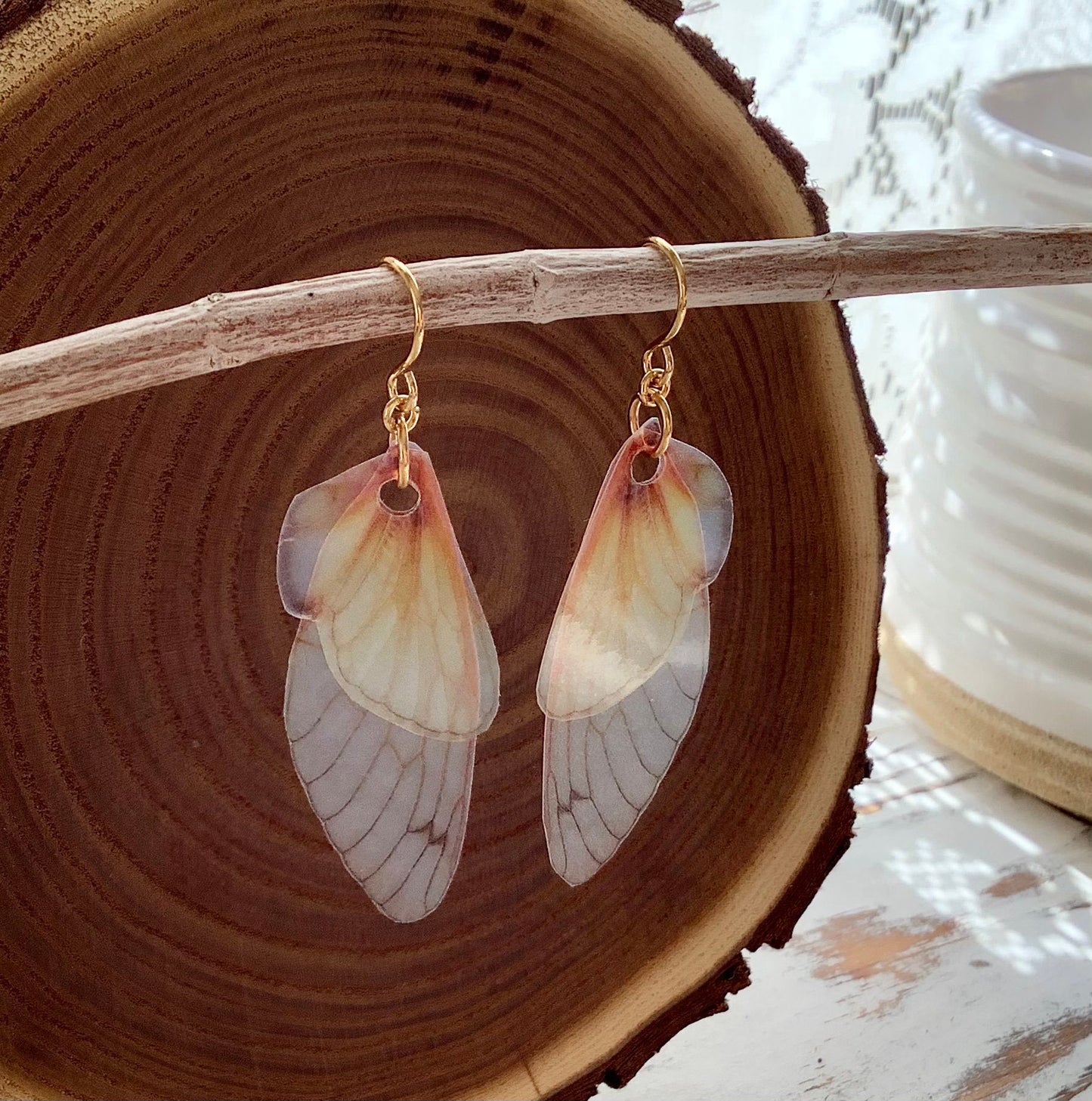 Grown up fairy wing earrings, for the serious fairy, Cicada wing earrings, gold plated steel hooks, semi transparent realistic, fantasy, USA