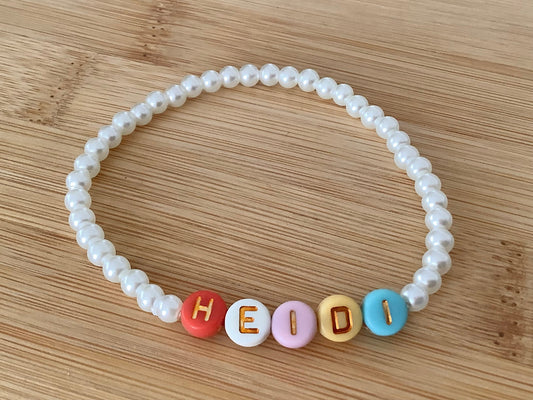 Name bracelet, personalized letters, glass pearl bracelet with, colorful letter beads, stretch bracelet, word bracelet, gift for her