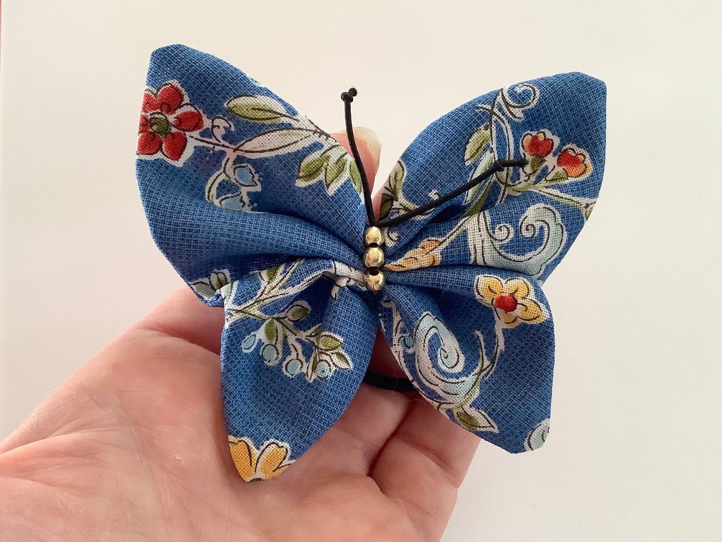 Butterfly pony tail holder, fabric butterfly for hair, girls hair accessories, hair ties for women, blue hair bow, floral hair accessories