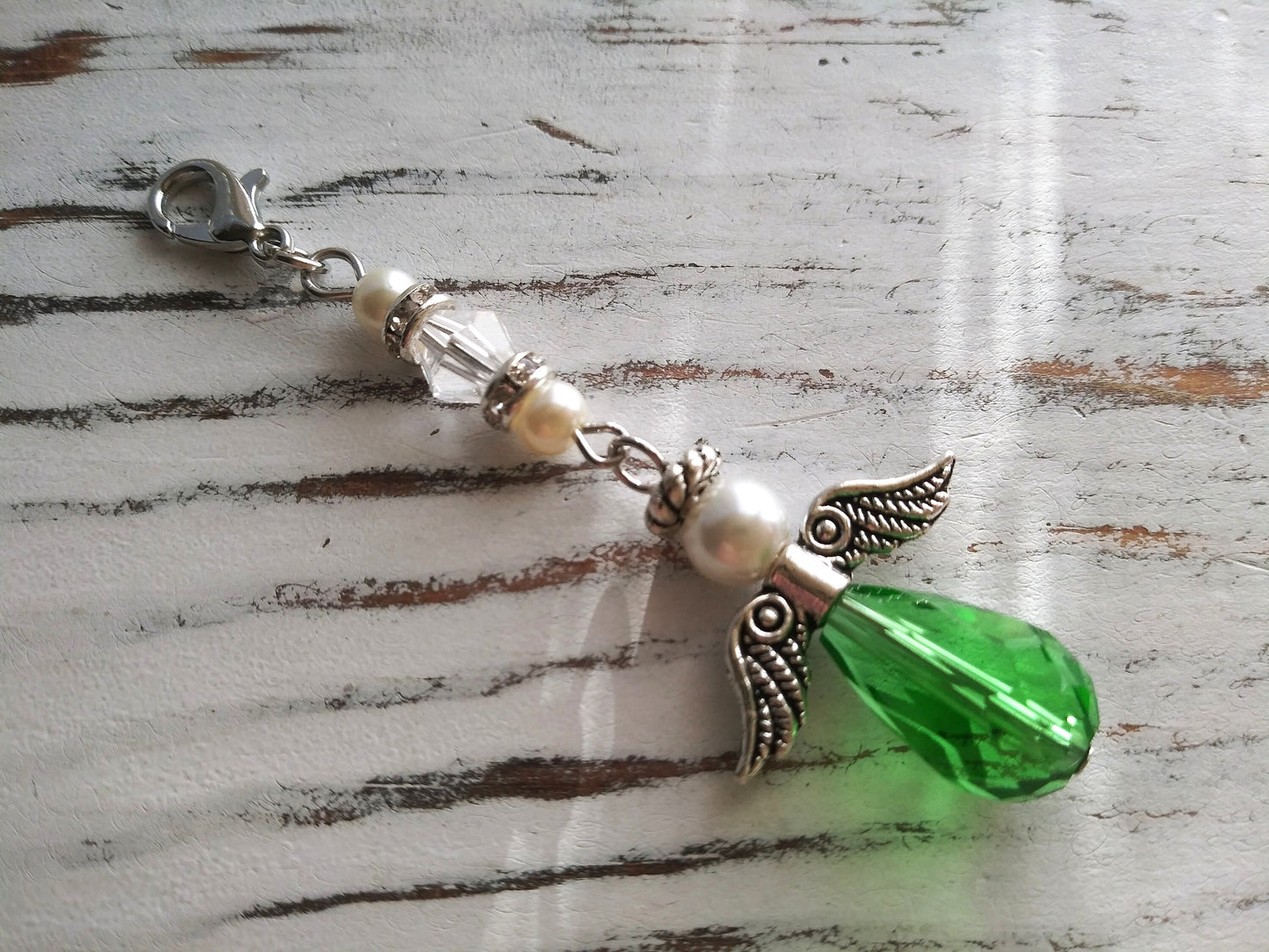 Lucky Angel Charm, Memory Charm, Bible Case, Purse, Car Charm, Planner Charm Luck Angel Charm, Green Crystal, Green Angel, Long Charm Dangle