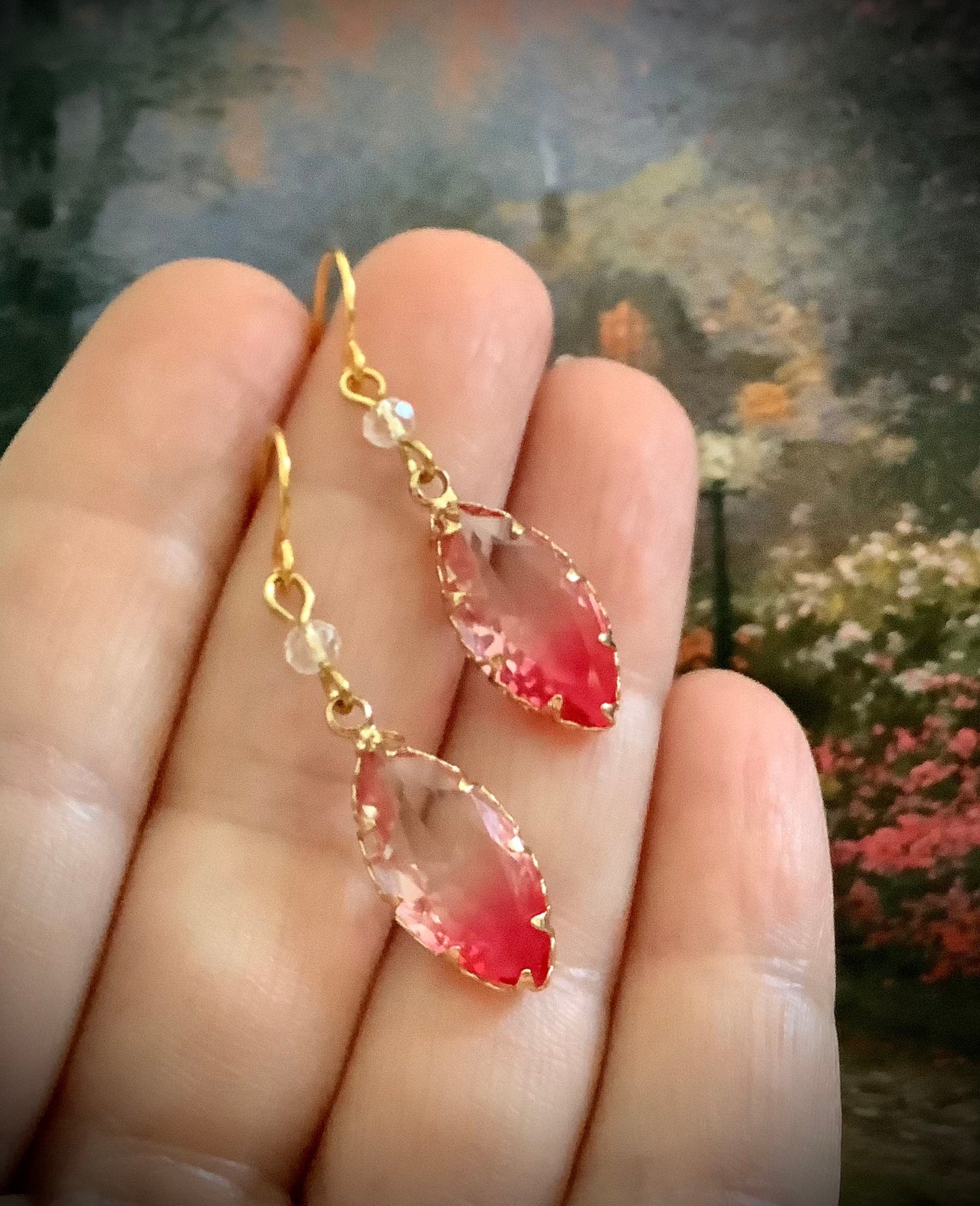 Crystal Earrings pink clear horse eye crystals Warm Gold Autumn Colors Rich Pink Sparkling Earrings Fairy Tale Earrings Princess Jewelry