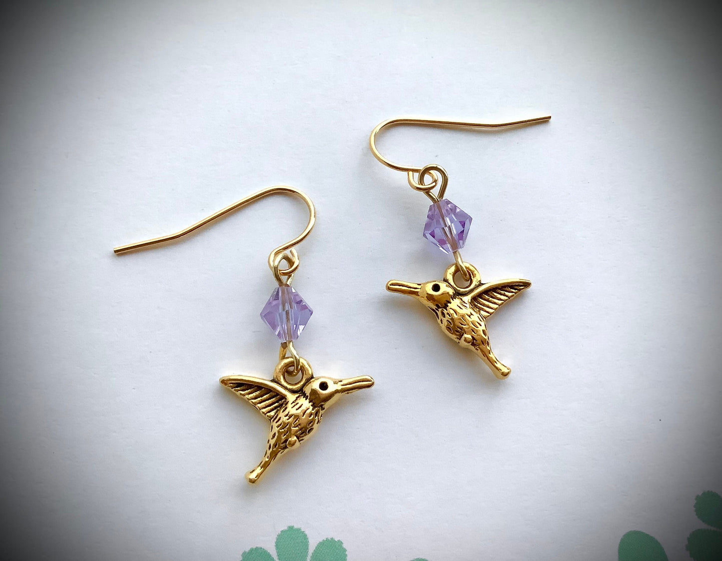 hummingbirdearring, Hummingbird Earrings, Gold Hummingbird earrings, light amethyst crystals