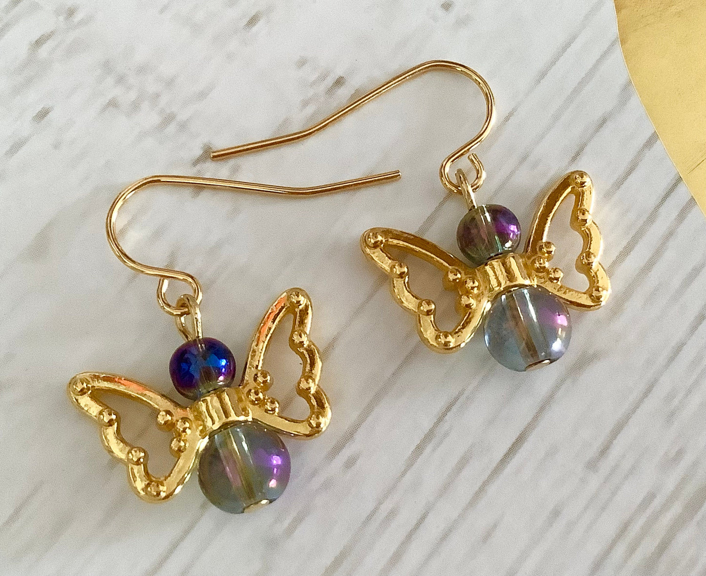 Butterfly earrings - Angel earrings - Butterfly Angel - Mystic Purple and Gold - for Girls, Teens, and Women, Glass Beads, GP Steel Hooks