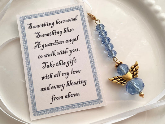 Bouquet Charm, Blue Angel for the bride, something blue wedding day gift guardian Angel charm with ribbon, to carry down the aisle