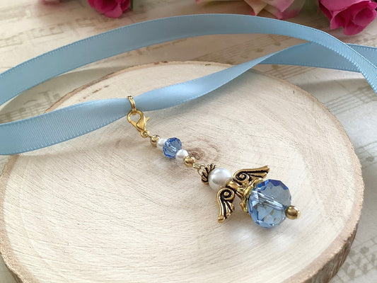 Crystal wedding angel satin ribbon, Blue Glass, Bouquet Angel w/Card Wedding Dress Angel, Guardian Angel Bridal Shower, Angel on Blue Ribbon