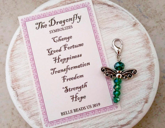 DRAGONFLY TOTEM Amulet Charm Talisman Insect Magic Spirit Animal Symbol Luck Joy with Saying Card Beaded Glass Dragonfly, Tiny Lobster Clasp