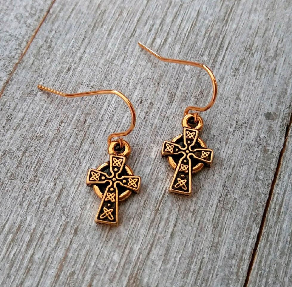 Celtic cross earrings, Gold Cross Earrings, Gold Plated Steel Earwires, Small Cross Earrings, religious gifts, Baptism, Communion, Tiny Gold