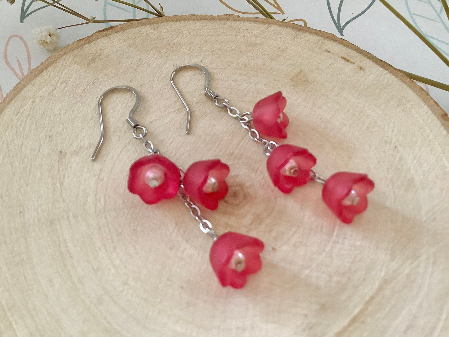 Lucite Flower Earrings, Deep Rich Rosey Pink Lily of the Valley Flower Earrings, Boho Dangle Vintage Style Earrings, Mothers Day Gift