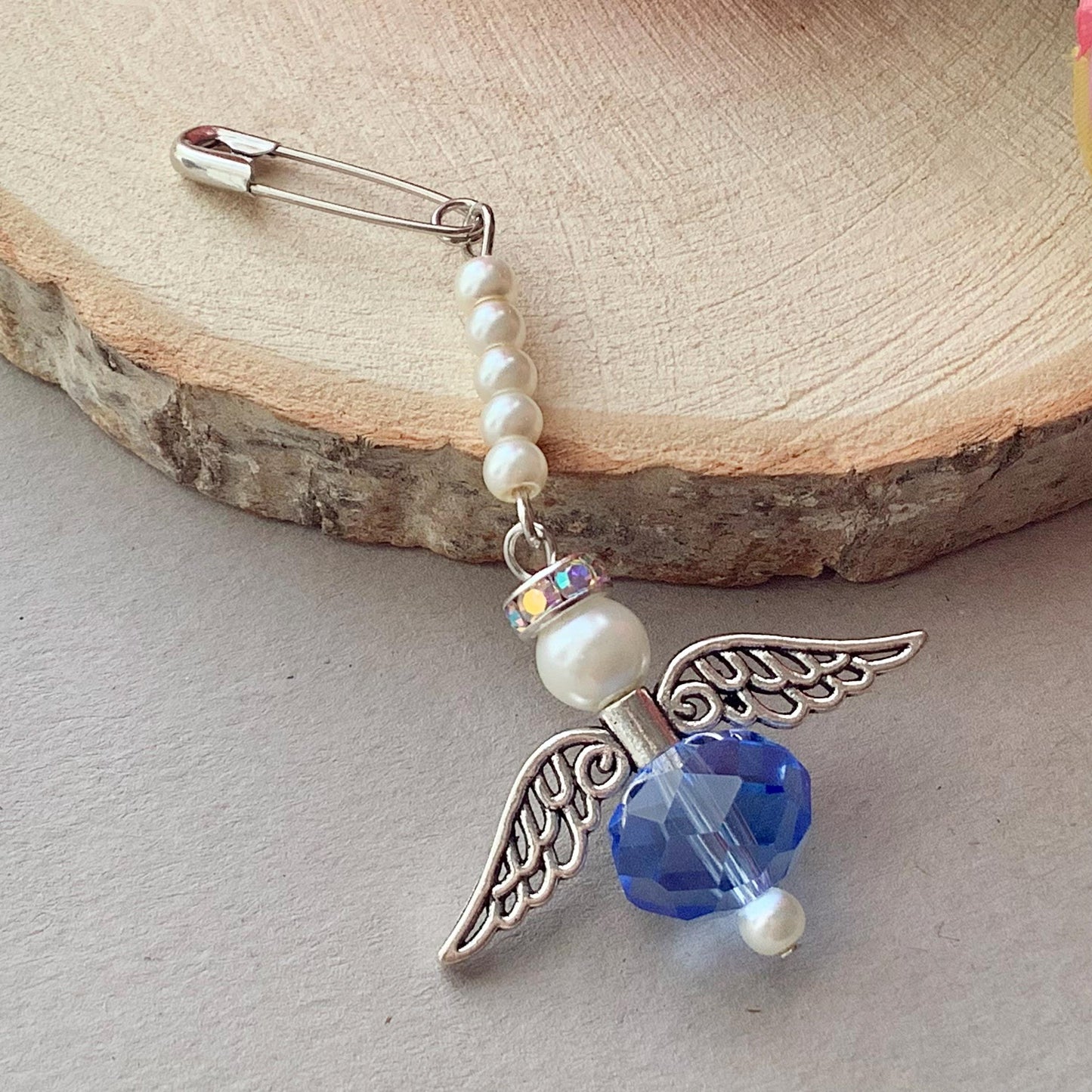 An Angel for the Bride, Something Blue, Wedding Bouquet Charm w/Card Wedding Dress Angel, Guardian Angel, Glass Pearls, Angel for bride pin