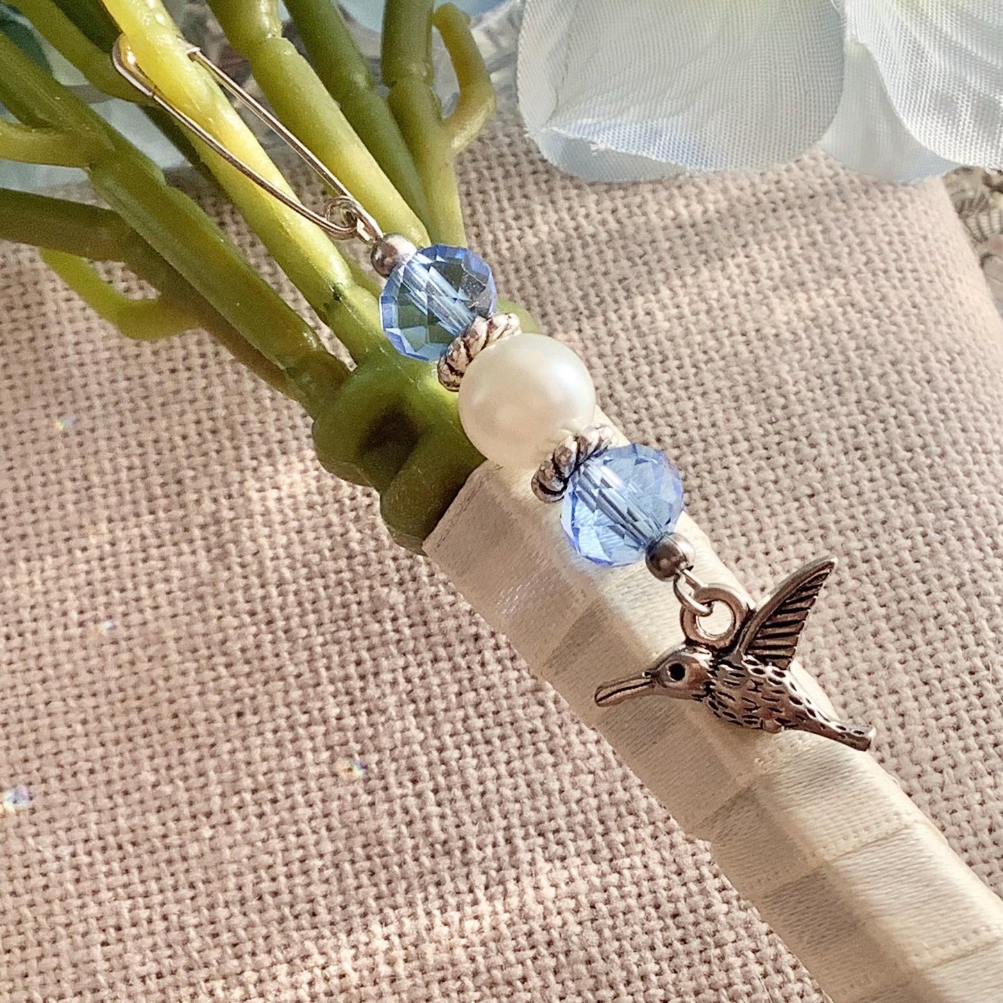 Something Blue Hummingbird Charm Pin for Bridal Bouquet, Pearl and Crystal Beads