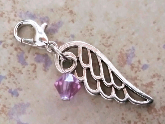 JUNE Birthstone Angel Wing Charm Clip on Lobster Clasp for Bracelet-Tibetan Silver Wing Light Amethyst Violet colored Crystal, Locket Dangle