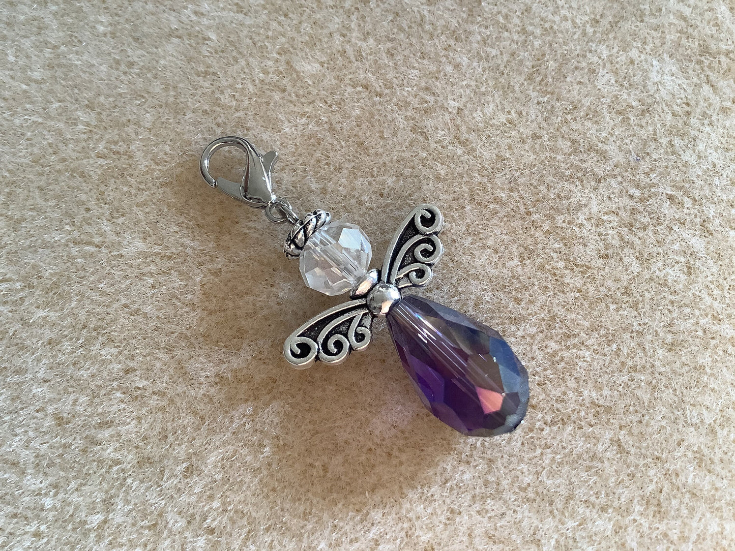 Guardian Angel Charm with Lobster Clasp White Opal Or Purple Crystal and Tibetan Silver Beads, October Birthstone Angel Gift Stitch Keeper